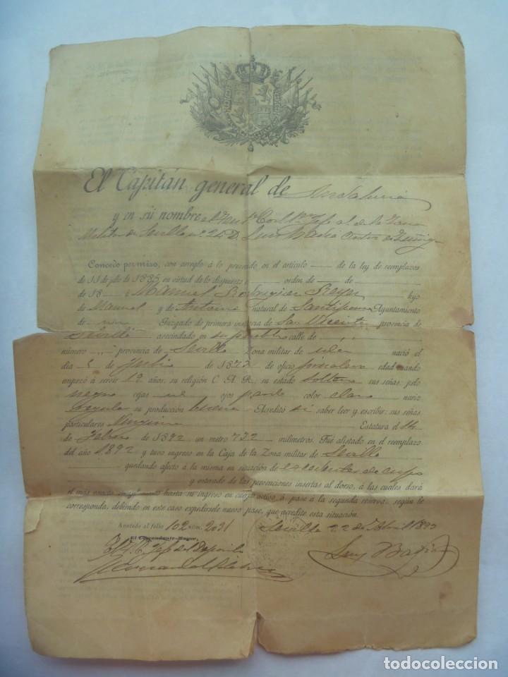 Militaria: CAPITAN GENERAL ANDALUCIA: PERMISO POR EXCEDENTE DE CUPO DE SOLDADO DE SANTIPONCE, 1895. SIGLO XIX