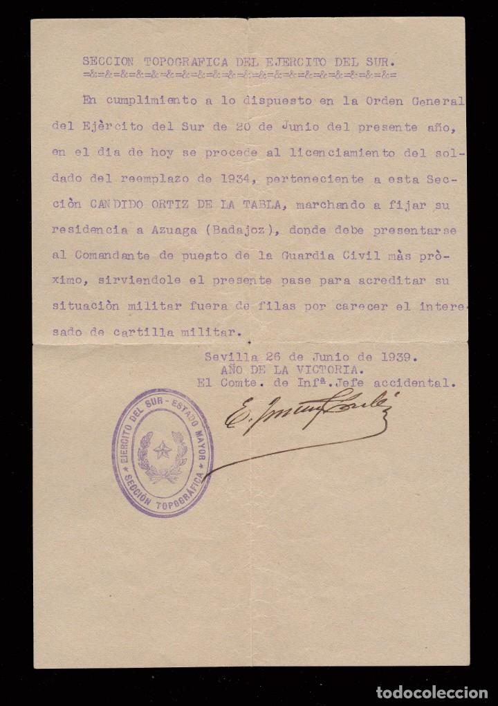 Militaria: *** LICENCIATURA DE SOLDADO DE AZUAGA. SECCI&Oacute;N TOPOGR&Aacute;FICA EJERCITO DEL SUR. 1939 SEVILLA ***