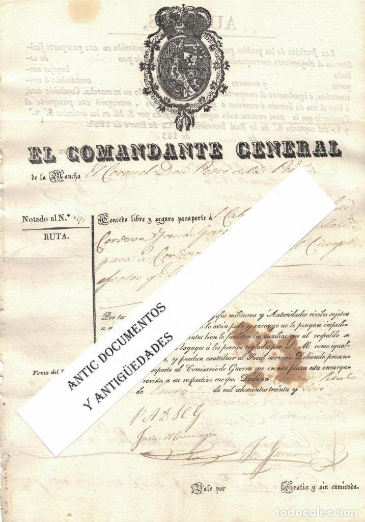 Militaria: Pasaporte 20. A&ntilde;o 1836. Pasaporte Comandante General de la Mancha. C&oacute;rdoba. Ciudad Real.