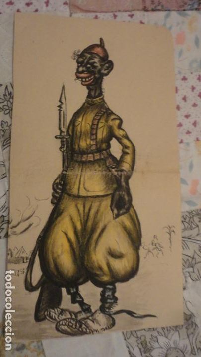 Military Antiques: ANTIGUO DIBUJO.CARICATURA MILITAR MARRUECOS? GUARDIA MORA? GUERRA RIF? TINTA Y ACUARELA?