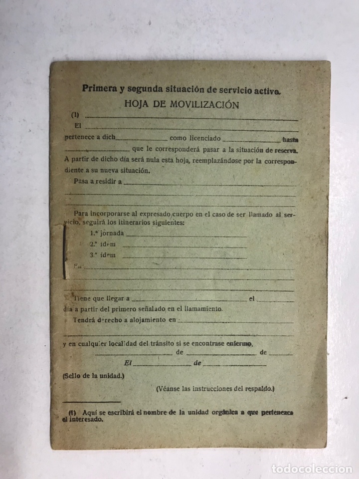 Militaria: MILITAR, HOJA DE MOVILIZACI&Oacute;N (sin uso) NUEVA, a&ntilde;os Cincuenta...