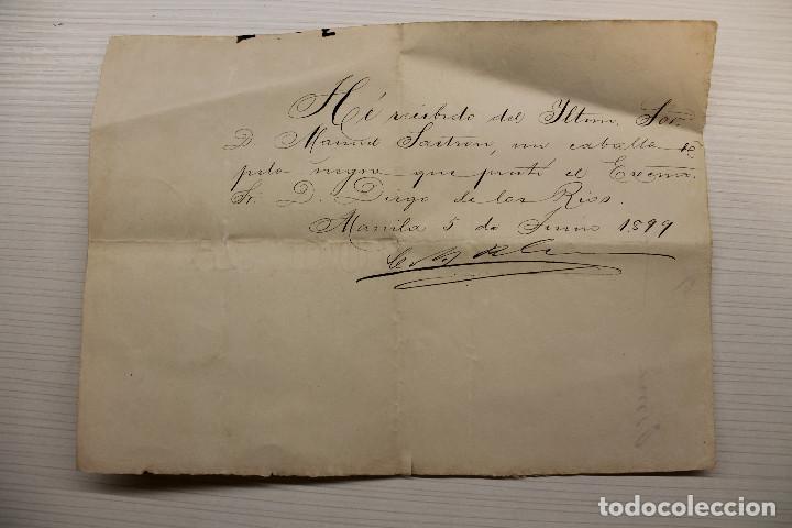 Militaria: FILIPINAS, RECIBO DE MANUEL SASTR&Oacute;N Y PI&Ntilde;OL, UN CABALLO QUE PREST&Oacute; DIEGO DE LOS R&Iacute;OS, MANILA 1899