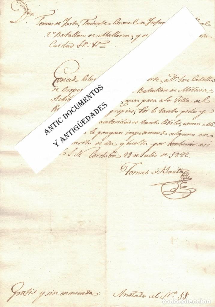 Militaria: A&ntilde;o 1822. Tom&aacute;s de Jarto. Batall&oacute;n de Mallorca. C&oacute;rdoba. Guerra