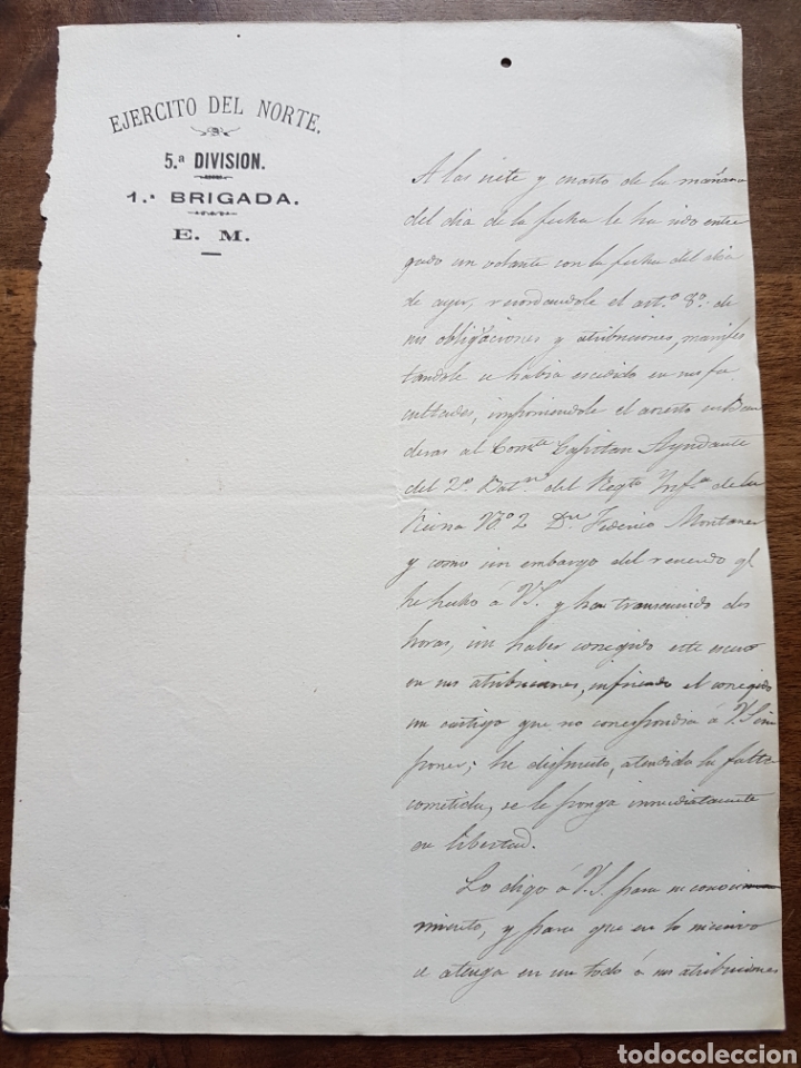 Militaria: Documento puesta en Libertad Ejercito del Norte 1882 - Foto 1