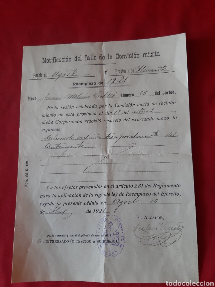 Militaria: Notificaci&oacute;n de fallo de la Comisi&oacute;n Mixta. Reemplazo 1921 Agost Alicante