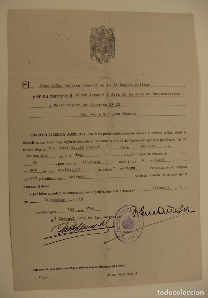 Militaria: LICENCIA MILITAR SOLDADO NATURAL DE PEGO ALICANTE 1945