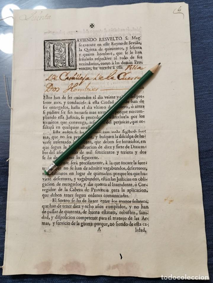 Militaria: 1733, DOCUMENTO CONDICIONES QUINTA DE HOMBRES, EXCLUYENDO DESERTORES, VAGABUNDOS Y OTROS