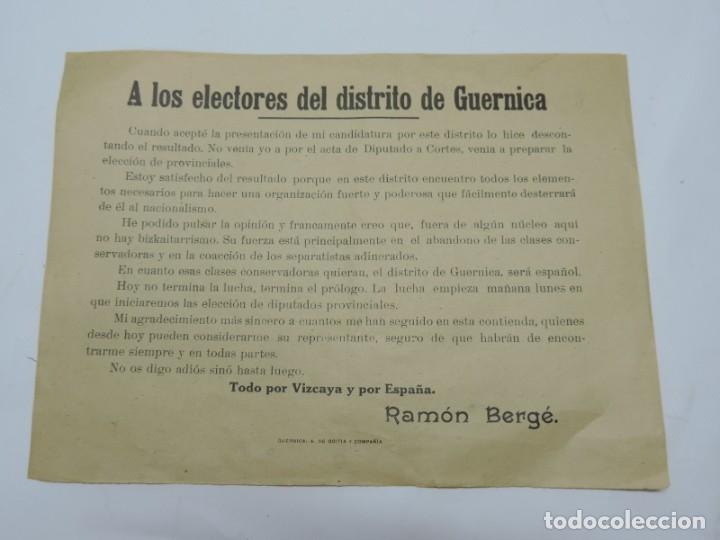 Militaria: PROPAGANDA A LOS ELECTORES DEL DISTRITO DE GUERNICA, POR RAMON BERGE, DIPUTADO DE LAS CORTES, IMP. A