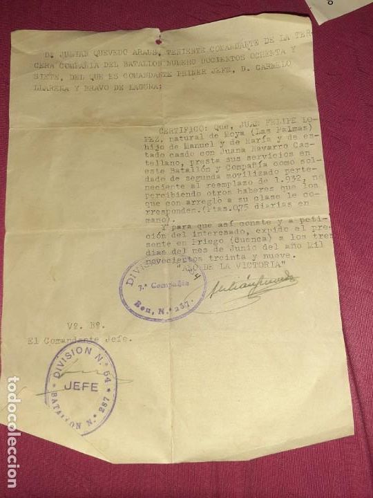 Militaria: Antigua hoja militar de soldado ejerce servicio 3&deg; compa&ntilde;&iacute;a batall&oacute;n 287 en priego Cuenca a&ntilde;o 1939