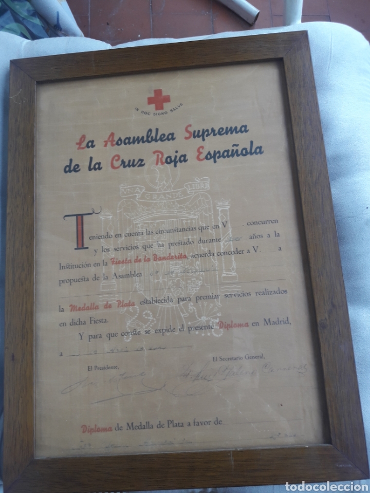 Militaria: Antiguo diploma enmarcado, Asamblea Suprema de la Cruz Roja Espa&ntilde;ola