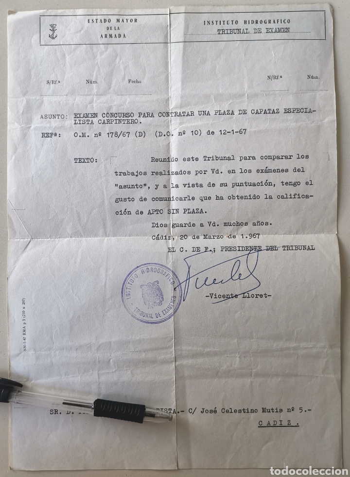 Military Antiques: Documento Armada Espa&ntilde;ola-Instituto Hidrogr&aacute;fico de la Marina -Examen Capataz Carpintero -C&aacute;diz 1967