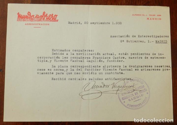 Militaria: DOCUMENTO DEL MUNDO OBRERO, ORGANO CENTRAL DEL PARTIDO COMUNISTA, ADMINISTRACION, 20 DE SEPTIEMBRE D