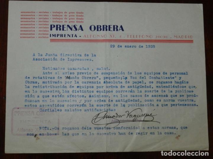 Militaria: PRENSA OBRERA, IMPRENTA. MADRID 29 DE ENERO DE 1939, GUERRA CIVIL, CON FIRMA MANUSCRITA Y SELLO EN A