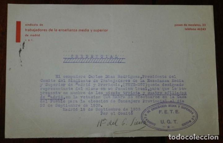 Militaria: DOCUMENTO DEL SINDICATO DE TRABAJADORES DE LA ENSE&Ntilde;ANZA MEDIA Y SUPERIOR DE MADRID, F.E.T.E. 1938 G