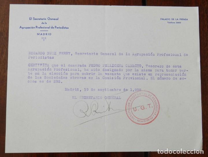 Militaria: DOCUMENTO DE LA AGRUPACION PROFESIONAL DE PERIODISTAS DE MADRID, SEPTIEMBRE DE 1938, CON SELLO Y FI