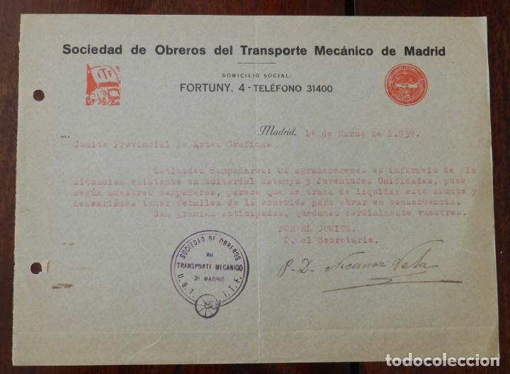 Militaria: DOCUMENTO DE OBREROS DEL TRANSPORTE MECANICO DE MADRID, MARZO DE 1939, GUERRA CIVIL, CON SELLO Y FIR