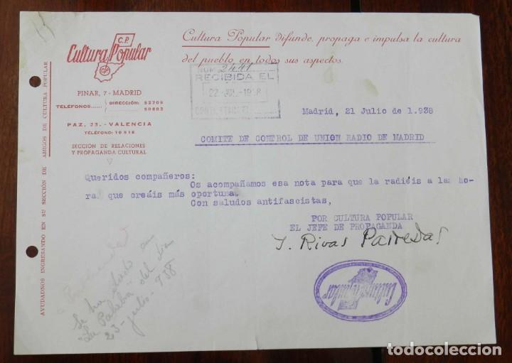 Military Antiques: DOCUMENTO DE CULTURA POPULAR, VALENCIA, COMITE DE CONTROL DE UNION RADIO DE MADRID, JULIO DE 1938, C