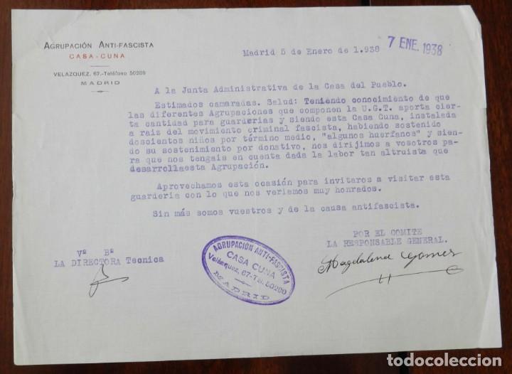 Military Antiques: DOCUMENTO DE LA AGRUPACION ANTIFASCISTA, MADRID, ENERO DE 1938, CON SELLO Y FIRMAS MANUSCRITAS, MIDE