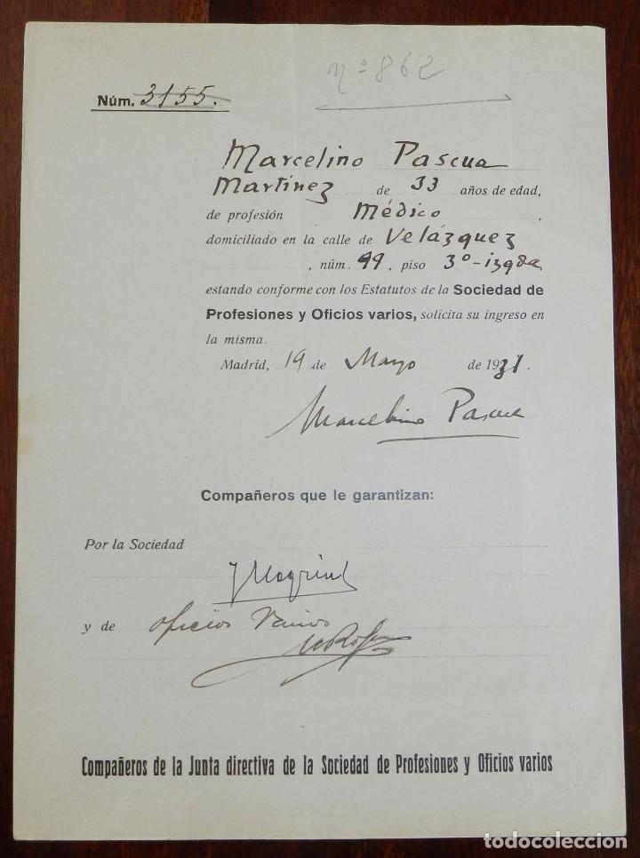 Military Antiques: DOCUMENTO DE LA JUNTA DIRECTIVA DE LA SOCIEDAD DE PROFESIONES Y OFICIOS VARIOS, A&Ntilde;O 1937, MIDE 22 X