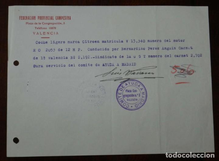 Military Antiques: DOCUMENTO DE LA FEDERACION PROVINCIAL CAMPESINA, VALENCIA, COMITE DE AYUDA A MADRID, CON SELLO Y FIR