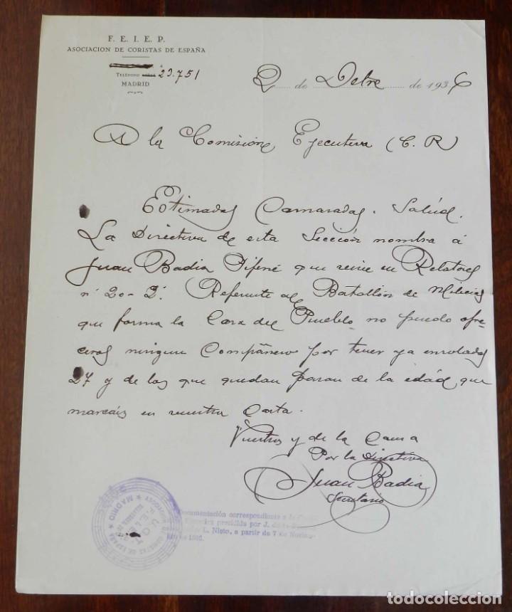 Military Antiques: DOCUMENTO DE LA ASOCIACION DE CORISTAS DE ESPA&Ntilde;A, F.E.I.E.P., MADRID, A&Ntilde;O 1936, CON SELLO Y FIRMA M