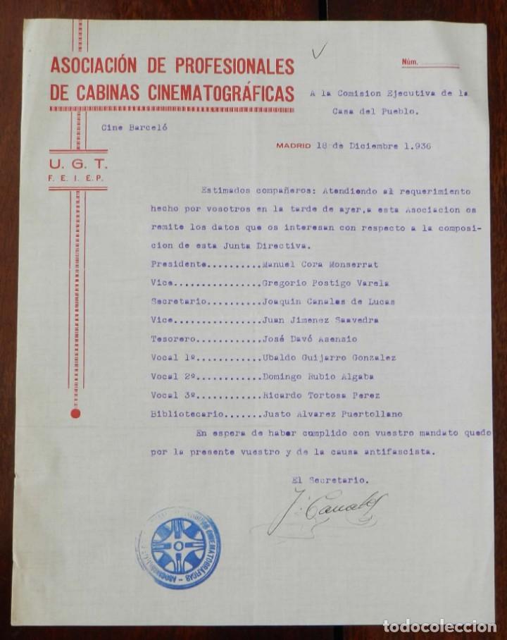 Militaria: DOCUMENTO DE LA ASOCIACION DE PROFESIONALES DE CABINAS CINEMATOGRAFICAS, 18 DE DICIEMBRE DE 1936, CO