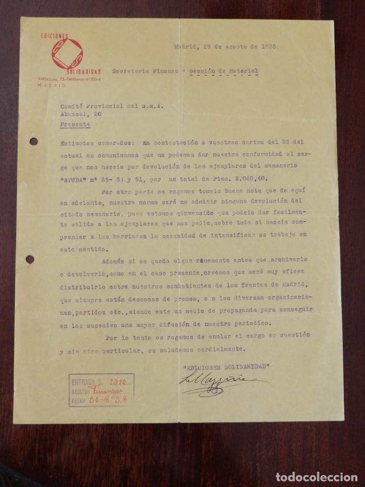 Militaria: DOCUMENTO DE EDICIONES SOLIDARIDAD, MADRID, 29 DE AGOSTO DE 1938, COMITE PROVINCIAL DEL S.R.I, TAMA&Ntilde;