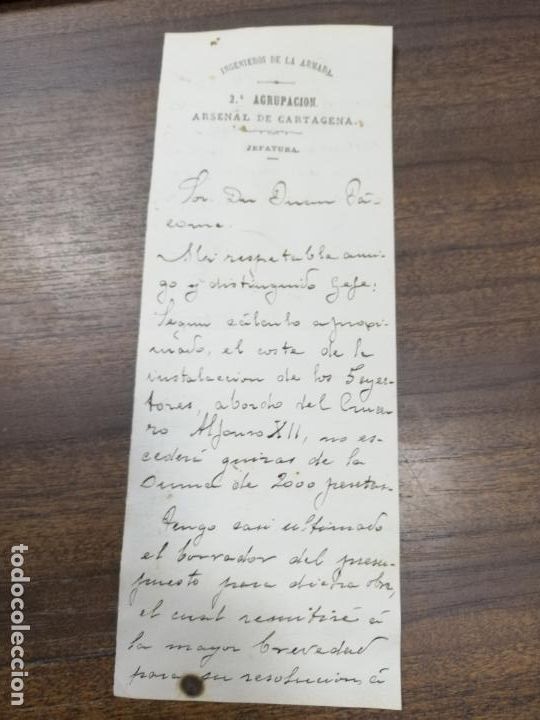 Militaria: 1893. INGENIEROS DE LA ARMADA.ARSENAL DE CARTAGENA. JEFATURA. 2&ordf; AGRUPACION. CARTA A DON JUAN JACOME
