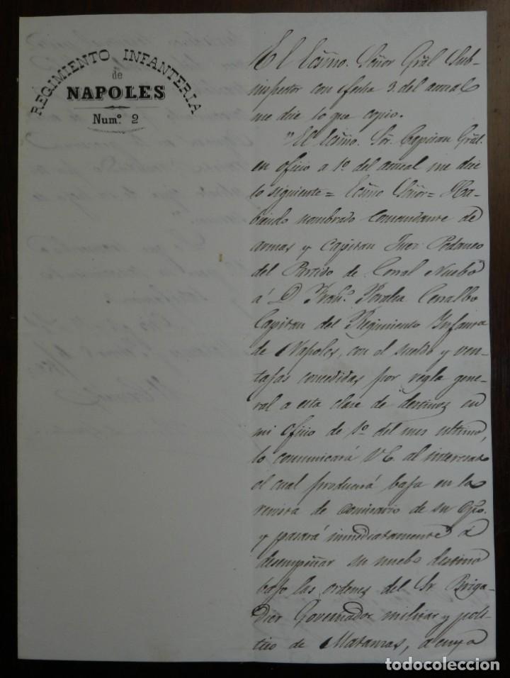 Militaria: CARTA DEL REGIMIENTO INFANTERIA DE NAPOLES NUM. 2, ESCRITA EN MATANZAS (CUBA) EN 1852 CON FIRMA MANU
