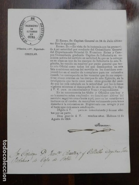 Militaria: CIRCULAR DE LA SUB-INSPECCION DE INFANTERIA, EJERCITO DE ULTRAMAR EN CUBA, HABANA 11 DE AGOSTO DE 18
