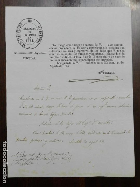 Militaria: CIRCULAR DE LA SUB-INSPECCION DE INFANTERIA, EJERCITO DE ULTRAMAR EN CUBA, HABANA 14 DE AGOSTO DE 18