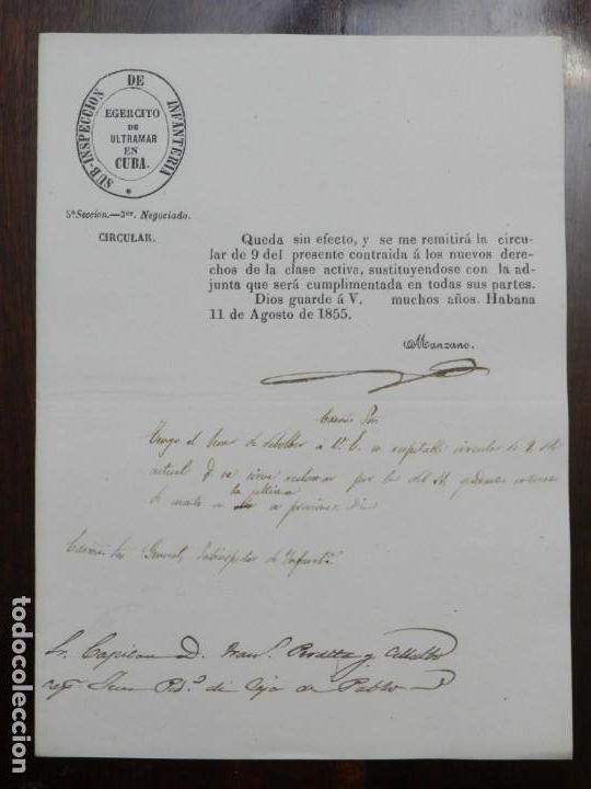 Militaria: CIRCULAR DE LA SUB-INSPECCION DE INFANTERIA, EJERCITO DE ULTRAMAR EN CUBA, HABANA 11 DE AGOSTO DE 18