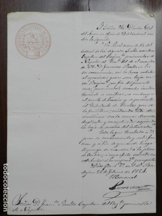 Militaria: CARTA MANUSCRITA DEL REGIMIENTO INFANTERIA ALBUHERA N. 26, ESCRITA EL 24 DE FEBRERO DE 1843. CON FIR