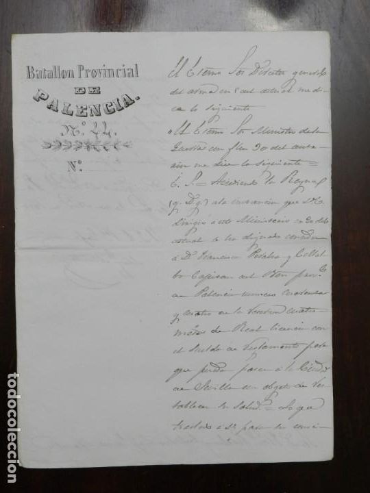Militaria: MANUSCRITO DEL BATALLON PROVINCIAL DE PALENCIA N. 44, CON FECHA DE 10 DE NOVIEMBRE DE 1857. MIDE 21