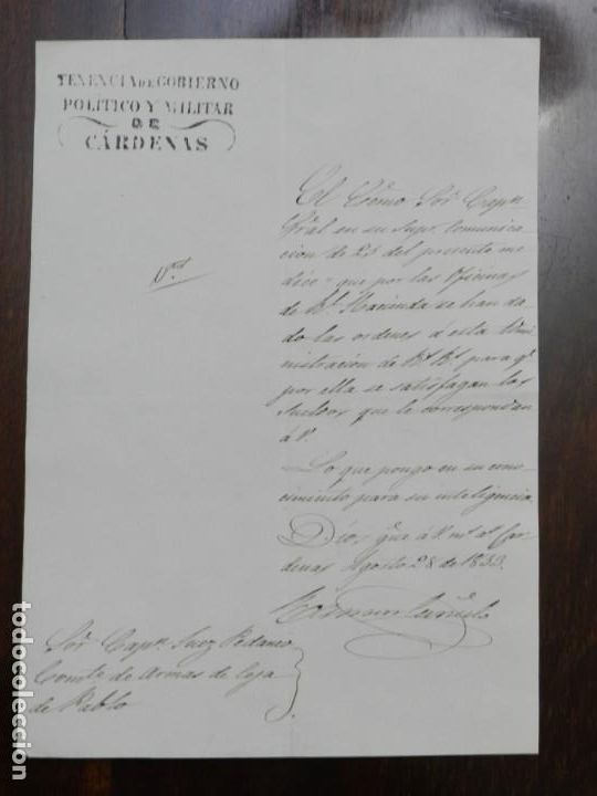 Militaria: CARTA MANUSCRITA DE TENENCIA DE GOBIERNO POLITICO Y MILITAR DE CARDENAS, ESCRITA EL 28 DE AGOSTO DE
