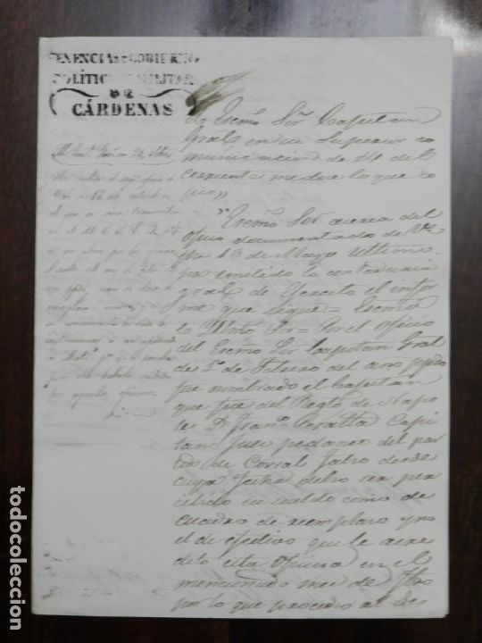 Militaria: CARTA MANUSCRITA DE TENENCIA DE GOBIERNO POLITICO Y MILITAR DE CARDENAS, ESCRITA EN 183?. MIDE 21 X