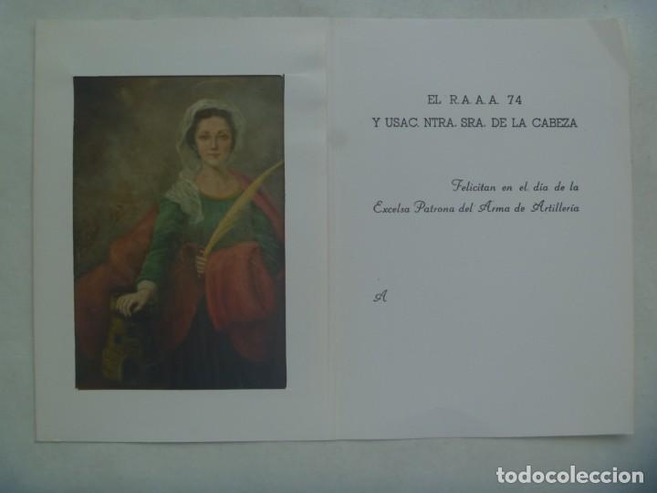 Military Antiques: REGIMIENTO ARTILLERIA A.A. 74: TARJETA FELICITACION SANTA BARBARA PATRONA ARTILLEROS. CON FOTO