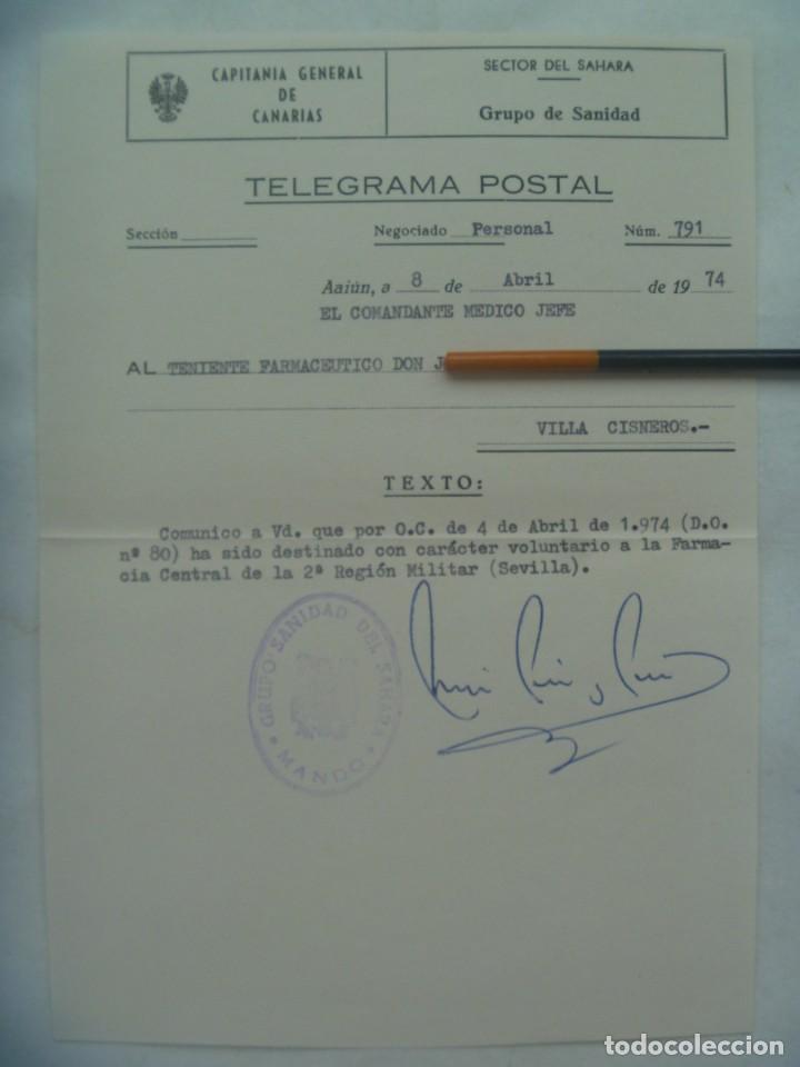 Militaria: CAPITANIA GENERAL CANARIAS - SECTOR SAHARA - VILLA CISNEROS: COMUNICACION TRASLADO A SEVILLA. 1974