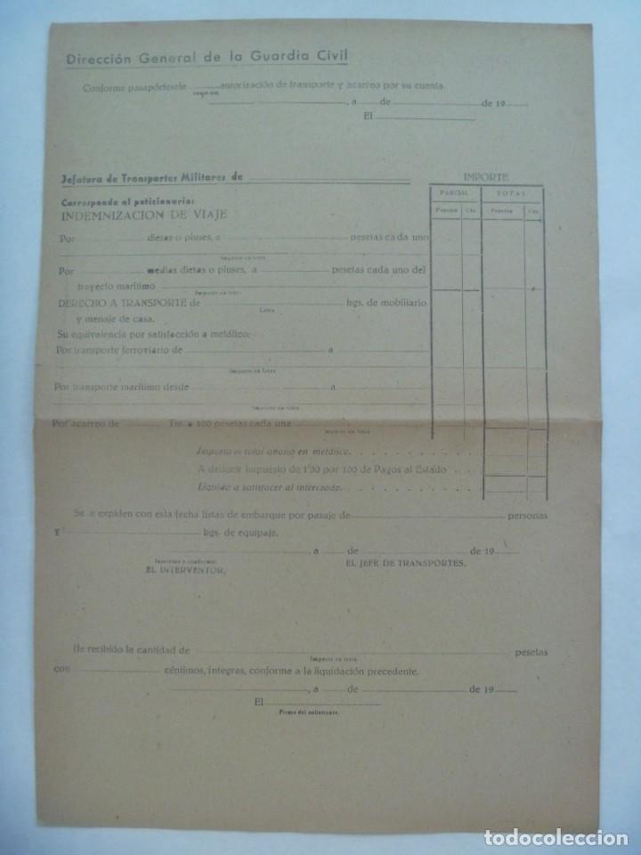 Militaria: GUARDIA CIVIL - MINISTERIO EJERCITO : IMPRESO PARA INDEMNIZACION POR CAMBIO RESIDENCIA. A&Ntilde;OS 40