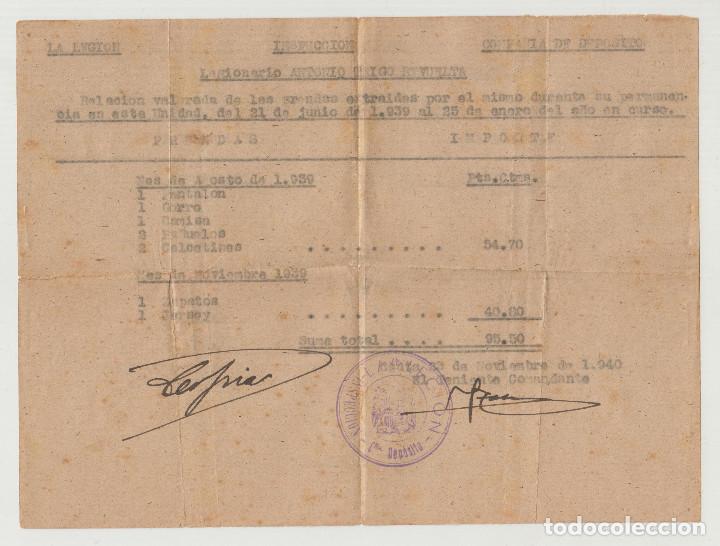 Militaria: documentaci&oacute;n legi&oacute;n 1940 posguerra, RELACI&Oacute;N PRENDAS ENTREGADAS A LEGIONARIO