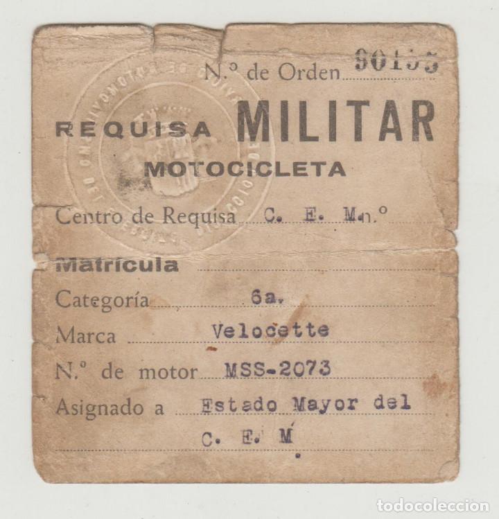 Militaria: REQUISA MILITAR MOTOCICLETA VELOCETTE, ASIGNADO A ESTADO MAYOR C.E.M.