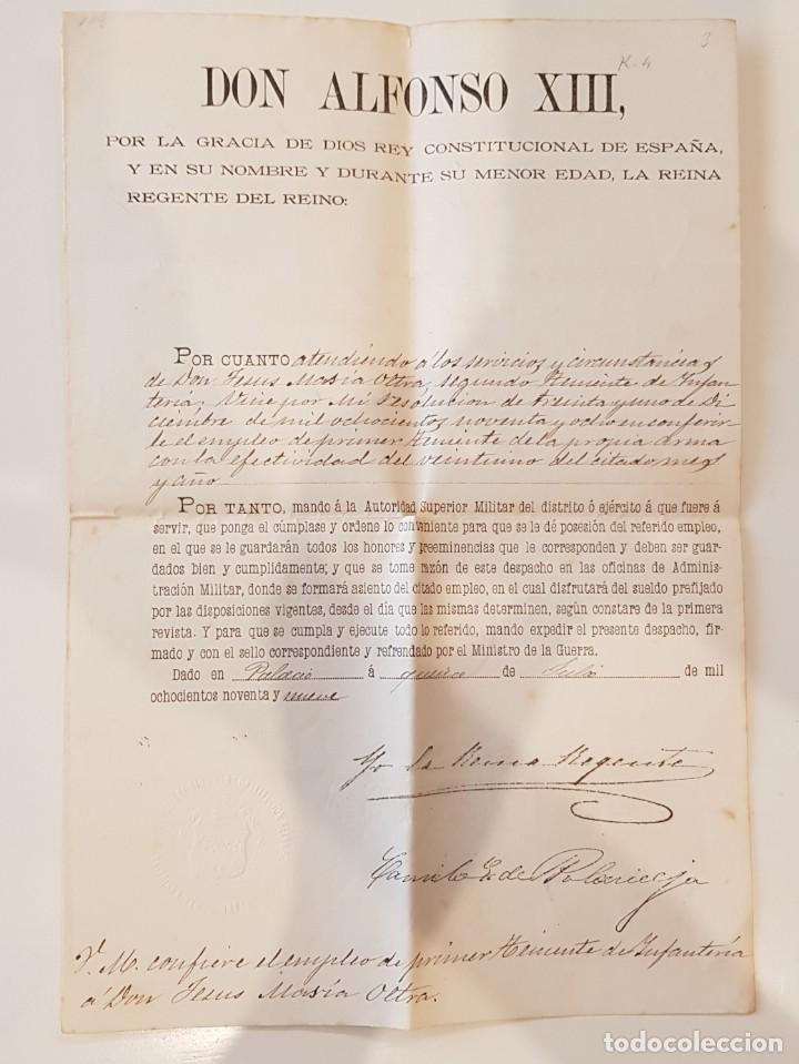 Militaria: Concesi&oacute;n militar de Primer Teniente de Infanter&iacute;a firmado por la Reina Regente 1899