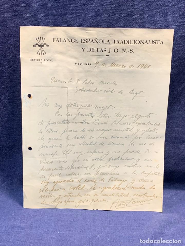 Militaria: carta falange vivero 1940 jefatura local a pedro morales gobernador civil lugo licencia armas