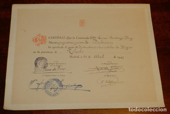 Militaria: ANTIGUO CERTIFICADO DE LA SECCION FEMENINA CURSO DE INSTRUCTORAS ELEMENTALES DE HOGAR DE TOLEDO, FEC