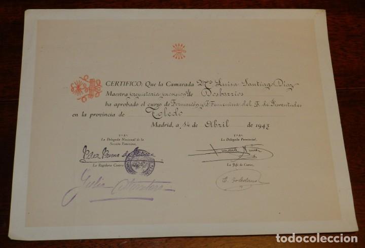 Militaria: ANTIGUO CERTIFICADO DE LA SECCION FEMENINA CURSO DE FORMACION Y SECCION FEMENINA DEL FRENTE DE JUVEN