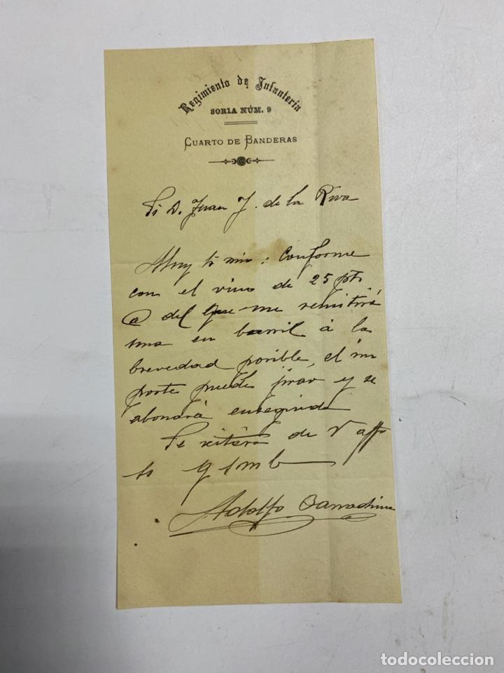 Military Antiques: REGIMIENTO DE INFANTERIA. SORIA. N&ordm; 9. CUARTO DE BANDERAS. CARTA PIDIENDO VINO A DE LA RIVA, VER.