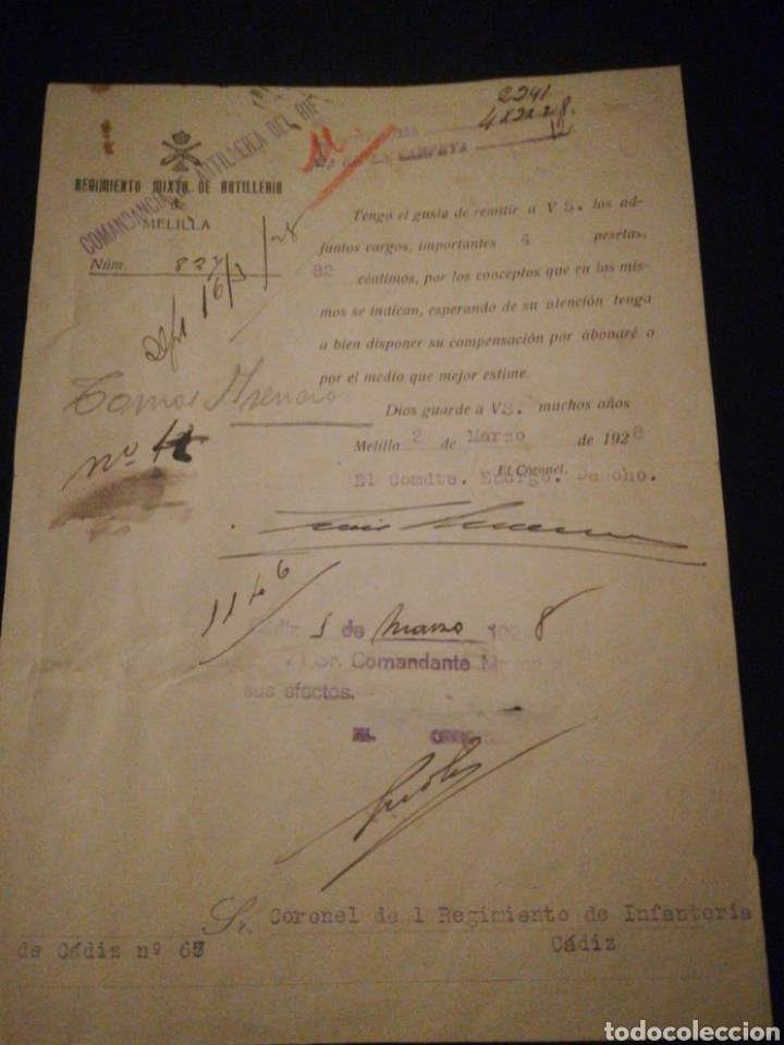 Militaria: Documento pago regimiento mixto artilleria Melilla 1928