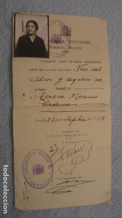 Military Antiques: COMANDANCIA MILITAR.PASE.SALVOCONDUCTO LIBRE CIRCULACION.VISO DEL ALCOR-SEVILLA 1937.GUERRA CIVIL.