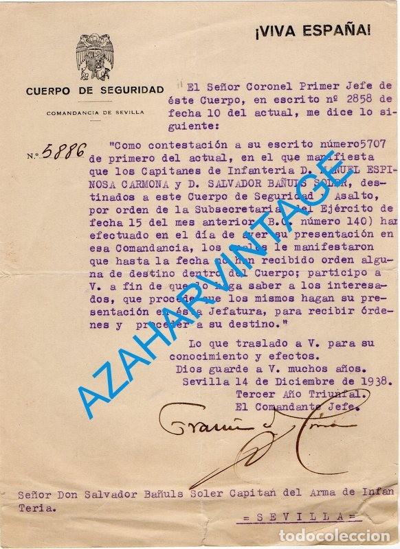 Military Antiques: SEVILLA, 1938, CARTA CUERPO DE SEGURIDAD EMPLEO CAPITANES