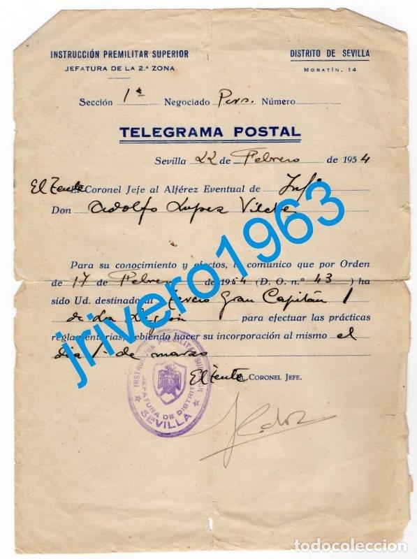 Military Antiques: 1954, TELEGRAMA COMUNICACION DESTINO, TERCIO GRAN CAPITAN,1&ordm; DE LA LEGION